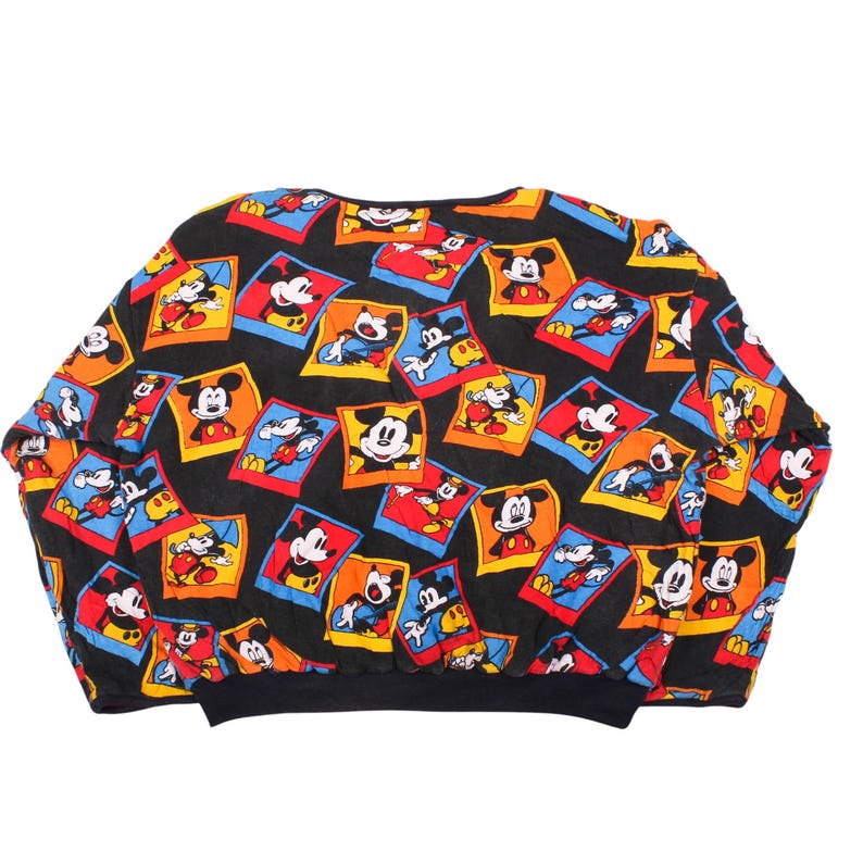 Vintage Disney sweater, 90s Mickey windbreaker, All over print sweatshirt, Reversible disney jumper, Big graphic mickey coat, Rare vintage cartoon, Old school hip hop, Disney varsity jacket, 1990s streetwear coat, Collectible disney clothes, Oversized character sweater, Aesthetic retro crewneck, Authentic disney vintage, Polaroid print sweater, Heavyweight disney pullover