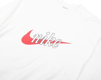 Vintage Nike Vit Tröja 90-tals Stor Swoosh-Logotyp Rund Hals Tröja