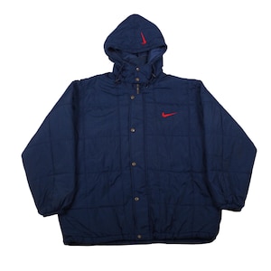 Vintage Nike Puffer Jacket Blue Red Swoosh Hooded Winter Coat 90s Y2K Streetwear