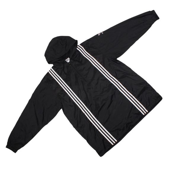 Vintage Adidas Hooded Windbreaker Black 90s 3 Stripes Pullover