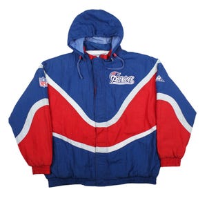 Vintage 90s New England Patriots Apex One NFL Puffer Jacket  Retro Red White Blue Hooded Winter Coat  Team Sports Fan Outerwear