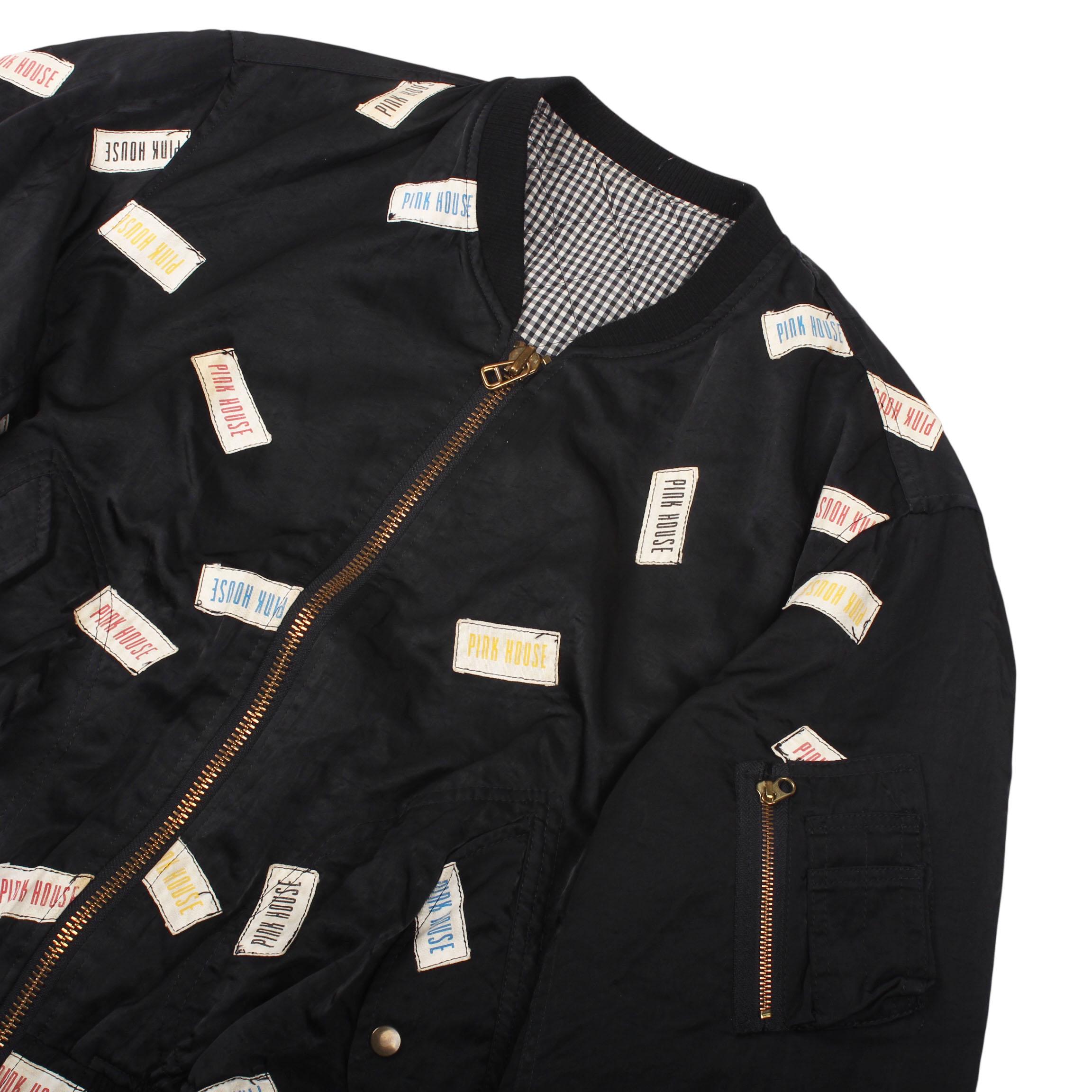 Vintage Pink House Bomber Jacket All Over Patch Black Y2K Japanese