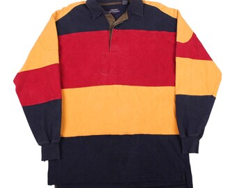 Camisa polo vintage de rugby, estilo anos 90, com blocos de cores, manga comprida e listras.