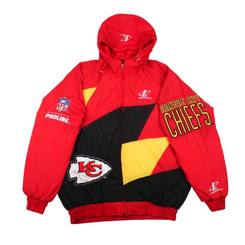 Front view of men's vintage Kansas City Chiefs hooded winter jacket with red, black, and yellow color-block design.