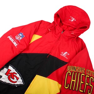 kansas city chiefs jacket, vintage chiefs jacket, logo athletic nfl, nfl pro line jacket, kc chiefs puffer, kansas city chiefs apparel, arrowhead logo jacket, official nfl outerwear, retro football jacket, vintage nfl gear, chiefs winter coat, vintage sportswear, licensed nfl jacket, american football clothing, chiefs fan gift, red yellow black jacket