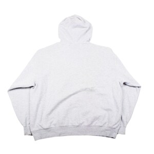 May include: A light grey hoodie with a matching hood and a darker grey band at the waist and cuffs. The back view of the sweatshirt is shown against a white background. The hoodie is made of a soft, comfortable material.
