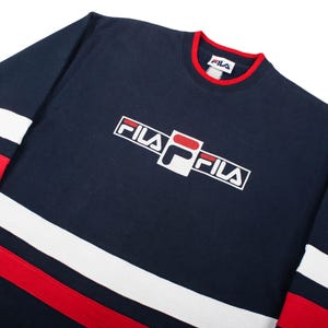 vintage fila, fila crewneck, fila sweater, 90s sweatshirt, y2k pullover, spellout top, embroidered coat, blockcore gear, sportswear style, athletic clothing, 1990s fashion, retro streetwear, hip hop jumper, casual terrace wear, old school apparel, oversized sweater, boxy fit pullover, cozy winter top, mens vintage clothing, unisex streetwear shirt, throwback apparel, hypebeast vintage, vintage clothing store