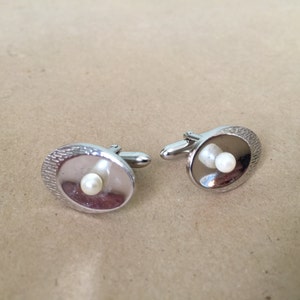 1970s Chrome Cuff Links with Faux Pearls. Toggle Cuff Links image 1
