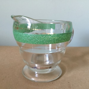1940s Glass Creamer with Green and Gold Decor Vintage Kitchenalia
