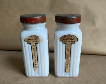 Pair of Milk Glass Spice Containers Grifith Laboratories Chicago