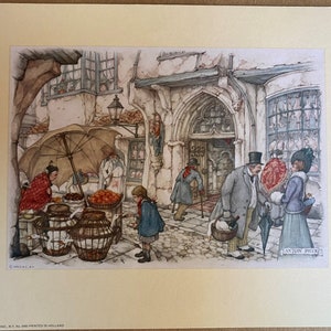 Vintage 1970 Anton Pieck Paper Tole Print Fruit Seller Goose 7 x 9 pulgadas New Old Stock