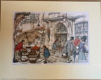Puede incluir: Una ilustración vintage de una escena callejera con una mujer vendiendo fruta y gansos desde un puesto de mercado. La escena está ambientada en una ciudad europea con un edificio de piedra y una gran puerta arqueada. La ilustración es de estilo acuarela con colores apagados. El texto "ANTON PIECK" es visible en la esquina inferior derecha.