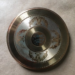 Gold-tone Metal Powder Compact Mirror with Cloth Bag 1960s Vintage Make-up