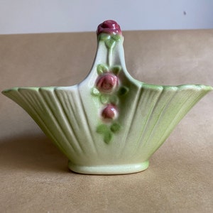 1940 Green Ceramic Basket  Vase Chipped Marked Made in California