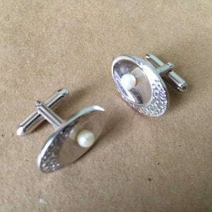 1970s Chrome Cuff Links with Faux Pearls. Toggle Cuff Links image 3