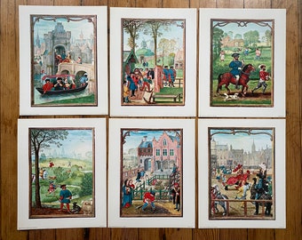 Vintage 1968 Set of Six Renaissance Scene Prints Medieval Life Print New Old Stock
