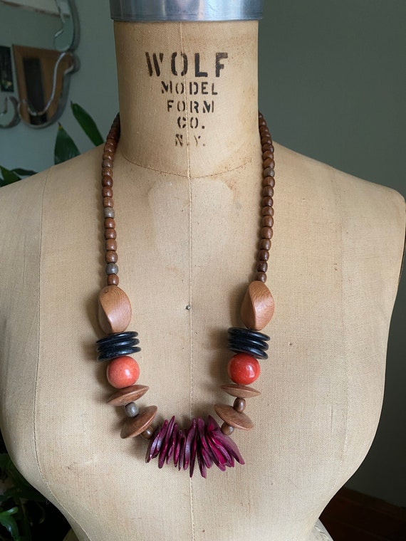 Mixed Turned Wood Bead Necklace Lightweight Brown… - image 1