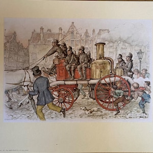 Vintage 1971 Anton Pieck Paper Tole Print Fire Brigade 7 x 9 pulgadas New Old Stock