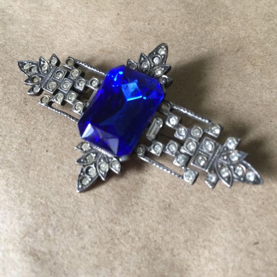 1920s Deco Blue Gem Bar Brooch - image 1