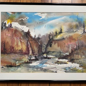 Pintura em aquarela emoldurada de rio e margens pintura de paisagem