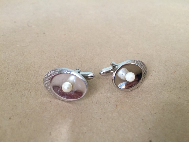 1970s Chrome Cuff Links with Faux Pearls. Toggle Cuff Links image 1