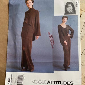 May include: A sewing pattern for a brown top and trousers. The pattern is called "Vogue Attitudes" and the number is 1467. The pattern is for sizes 6-8-10.