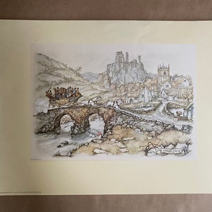 Vintage 1970 Anton Pieck Decoupage Print 9 x 12 pulgadas Entrenador sobre el puente de piedra New Old Stock