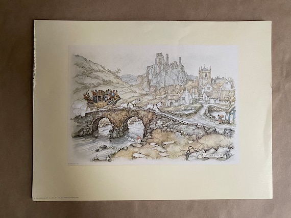 Vintage 1970 Anton Pieck Decoupage Print 9 x 12 inch Stage Coach Over the Stone Bridge New Old Stock