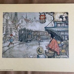 Vintage 1971 Anton Pieck Paper Tole Print 7 x 9 pulgadas Trolley Street Car New Old Stock