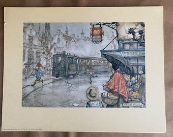 Puede incluir: Una ilustración vintage de una escena callejera con un tranvía, un perro pequeño y una mujer con un chal rojo y una cesta de fruta. El texto "Die Vergulde Appel" es visible en un edificio en el fondo.