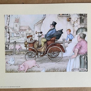 Vintage 1971 Anton Pieck Paper Tole Print Automobile and Farm Comical Farcical Scene 7 x 9 inch New Old Stock