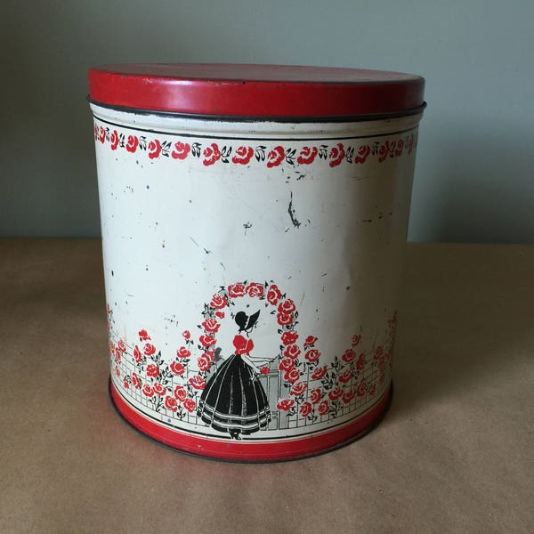 1940s Red Roses Black and White Tin Canister Kitchen Storage Tin Kitchenalia