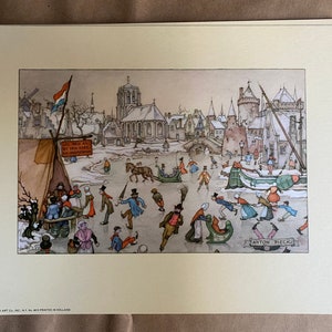 Vintage 1971 Anton Pieck Paper Tole Print 7 x 9 pulgadas Town Ice Skating New Old Stock