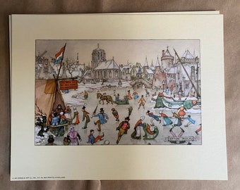 Puede incluir: Una ilustración vintage de una escena de invierno en un pueblo holandés. La gente patina sobre hielo en un canal congelado, con una iglesia y otros edificios en el fondo. El texto en el cartel dice "LED. WEG. AAN. BY DEN KERK. IN SCHOUWEN". La firma del artista, "ANTON PIECK", es visible en la esquina inferior derecha.