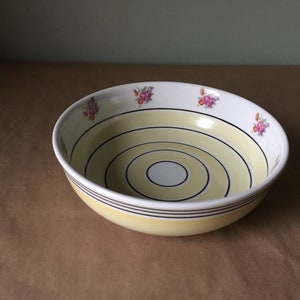 Large Yellow Serving Bowl Blue Stripes Pink Roses