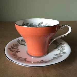 Coral and Silver Leaf  Corset Tea Cup with Gray Acanthus Leaves Aynsley English Bone China Tea Cup