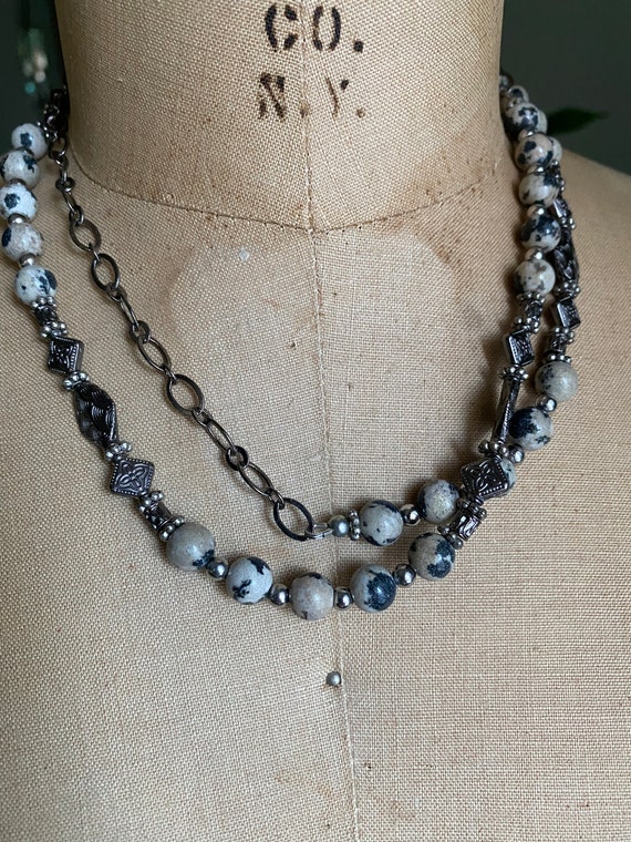 Chain Bead Steel Long Necklace Black White Grey L… - image 1