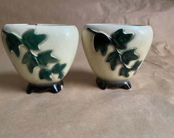 Pair of Green Ivy and White Small Vases Chipped and Cracked 1950s Houseware