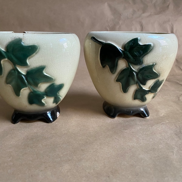 Pair of Green Ivy and White Small Vases Chipped and Cracked 1950s Houseware