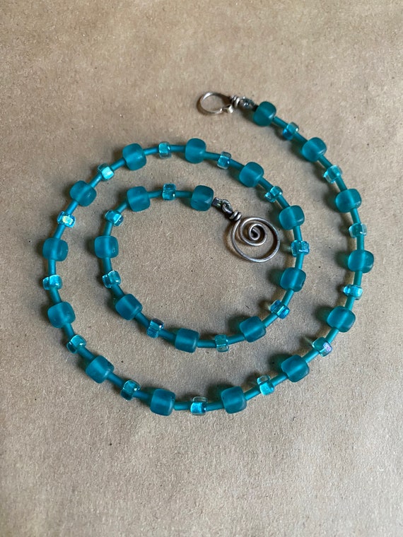 Turquoise Aqua Square Glass Bead Necklace