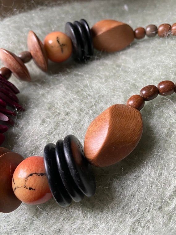 Mixed Turned Wood Bead Necklace Lightweight Brown… - image 6