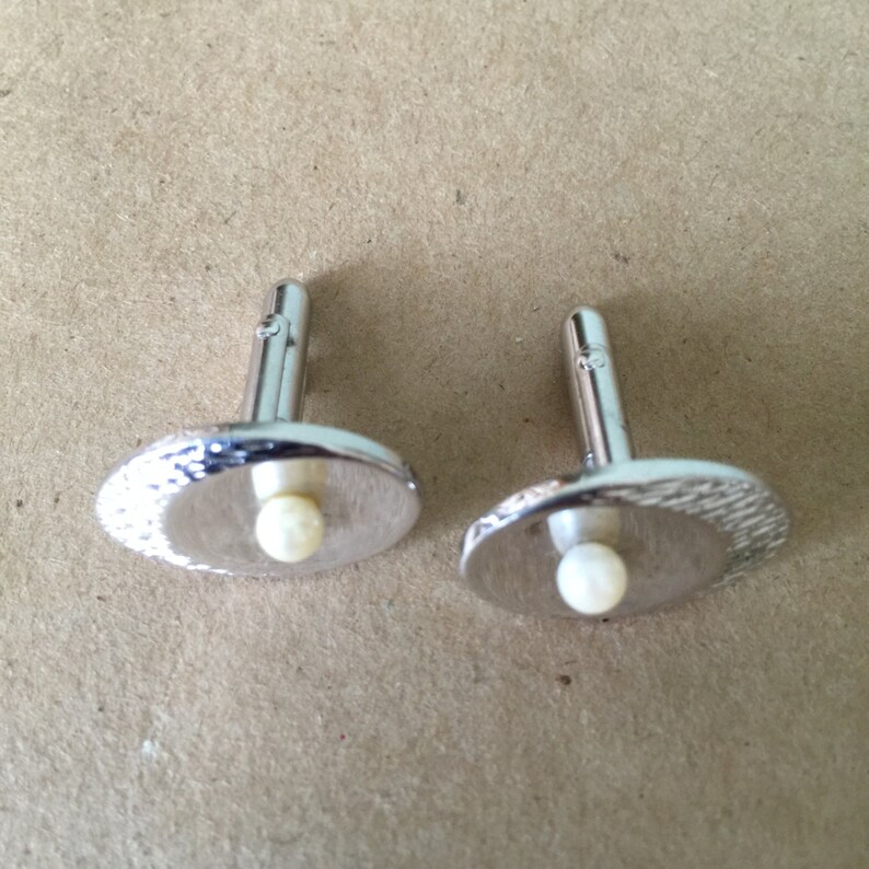 1970s Chrome Cuff Links with Faux Pearls. Toggle Cuff Links image 4
