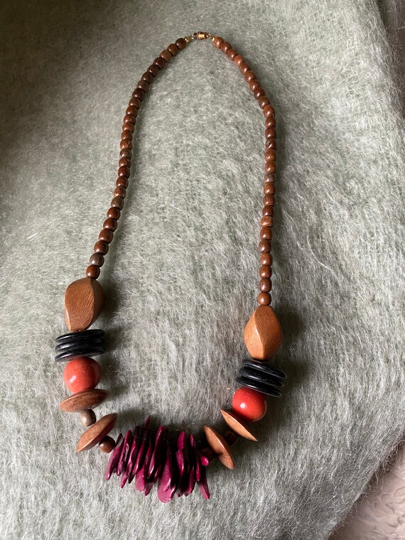 Mixed Turned Wood Bead Necklace Lightweight Brown… - image 2