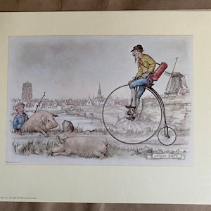 Vintage 1970 Anton Pieck Paper Tole Print 7 x 9 pulgadas Penny Farthing Rider Pigs New Old Stock