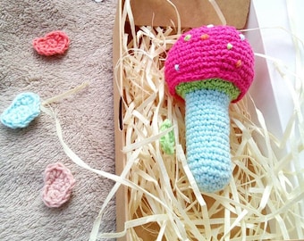 Fairy mushroom, Crochet baby rattle, Colorful newborn, learning Sensory toy for baby, Multicolor Organic cotton toy, Motherhood useful gift