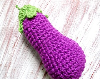 Eggplant crochet play food toy, Montessori baby Organic hanging Rattle toy, Amigurumi baby cute Birthday gift, Natural teether