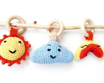 Kawaii Sun Crochet Rattle, Crib Handmade Mobile, Hanging toy, Organic cotton baby Wooden ring learning toys, Nursery Funny decor