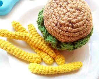 Hamburger fried potato set, Crochet Pretend food, Organic toys, knitted fast food, Toddler Play kitchen, Miniature food, Girl birthday gift