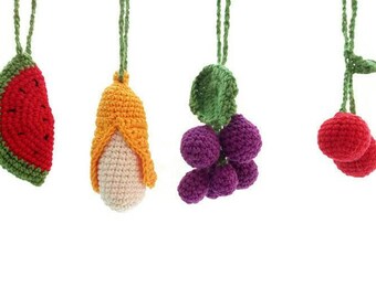 Crochet veggies or fruits CHOOSE ANY 3 set, hanging Activity center, Organic cotton toys, Eco Handmade crib mobile, Holiday decor