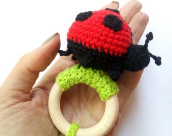 Ladybug Crochet rattle on a Wooden ring, Sensory contrast dots Baby gym toy, 1st Newborn eco Montessori educating toy, Baby shower gift,